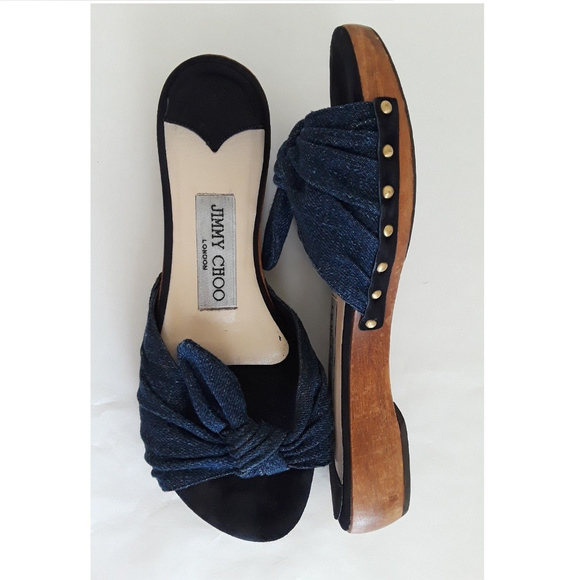 Jimmy Choo Shoes - Jimmy Choo Blue Denim Bow Wood Slip On Sandals 5